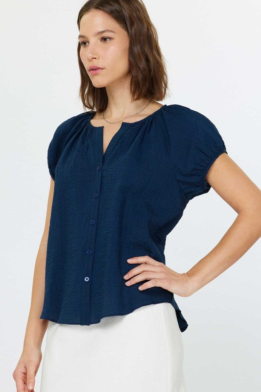 Navy Puff Sleeve Button Front Top