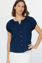 Navy Puff Sleeve Button Front Top