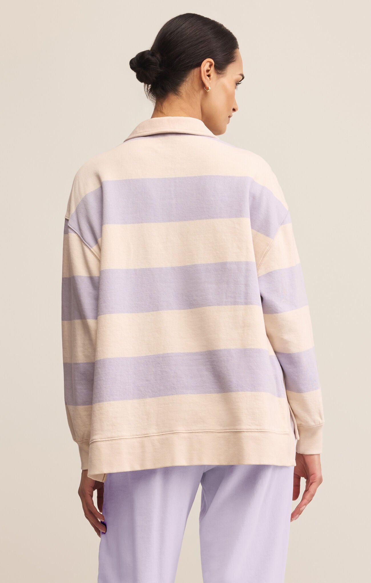 sweatshirt with light lavender stripes and v neckline