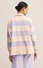 sweatshirt with light lavender stripes and v neckline