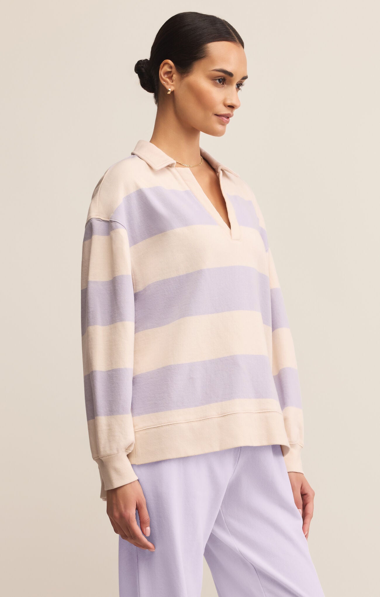 sweatshirt with light lavender stripes and v neckline