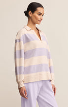 sweatshirt with light lavender stripes and v neckline