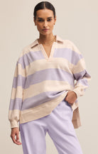 sweatshirt with light lavender stripes and v neckline