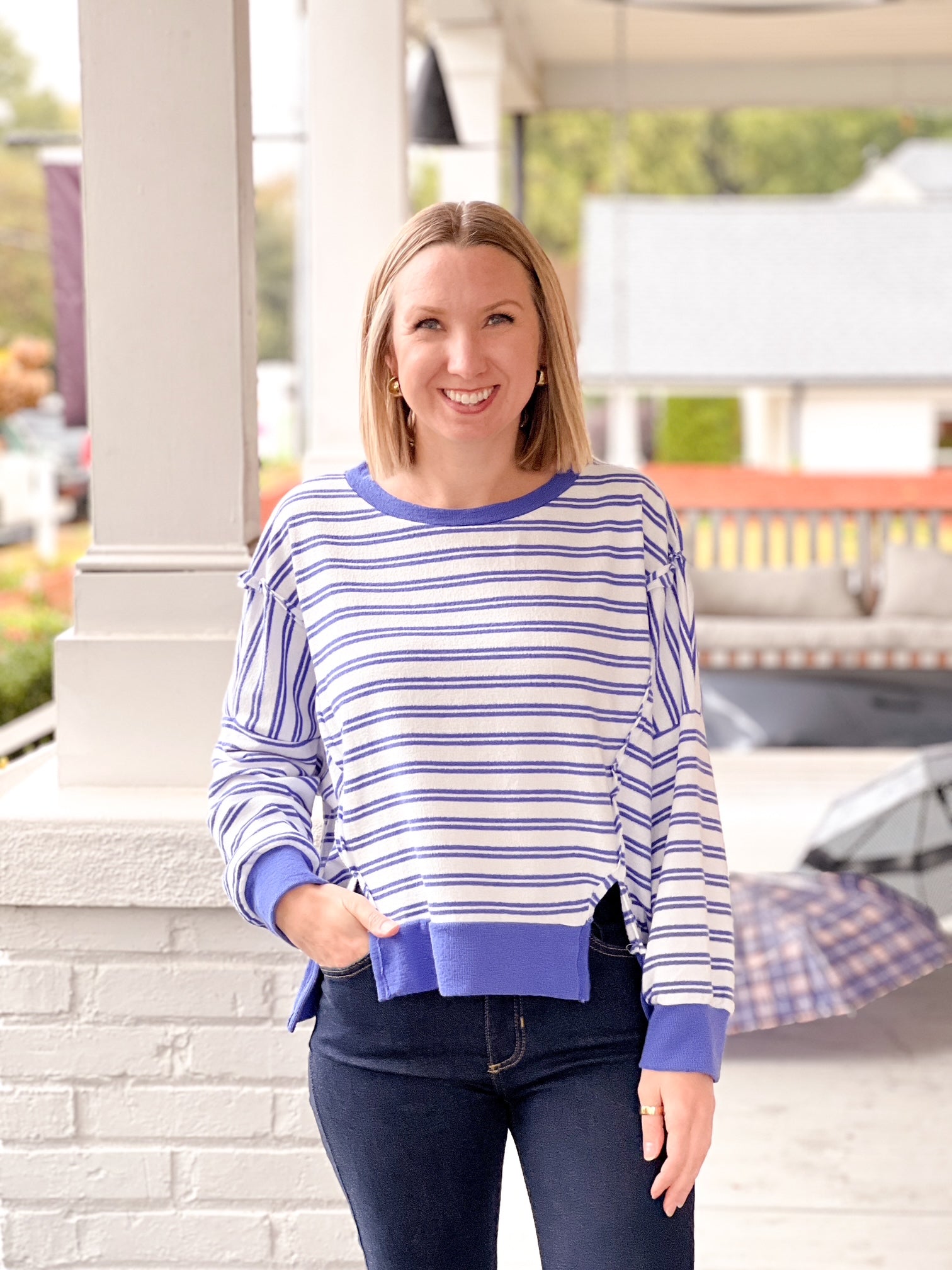 Blue Striped High Low Sweatshirt