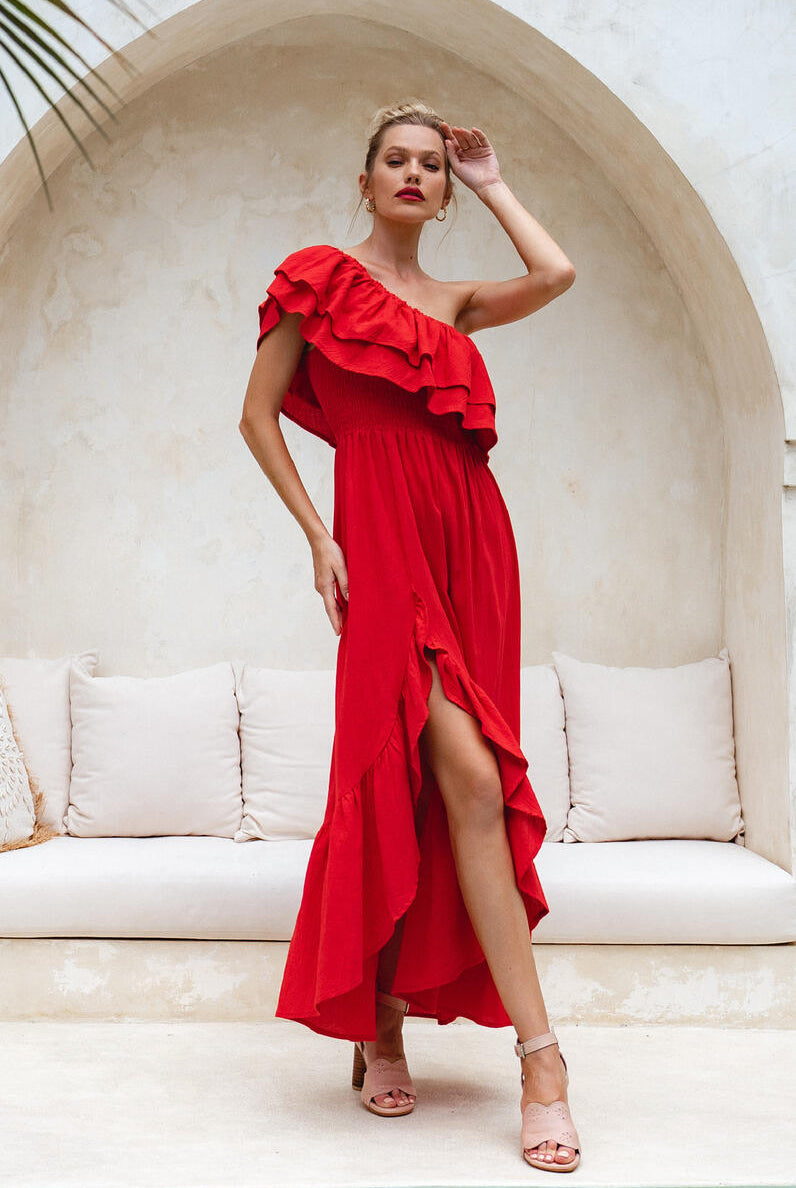 Red One Shoulder Ruffle Maxi Dress Apex Ethical Boutique
