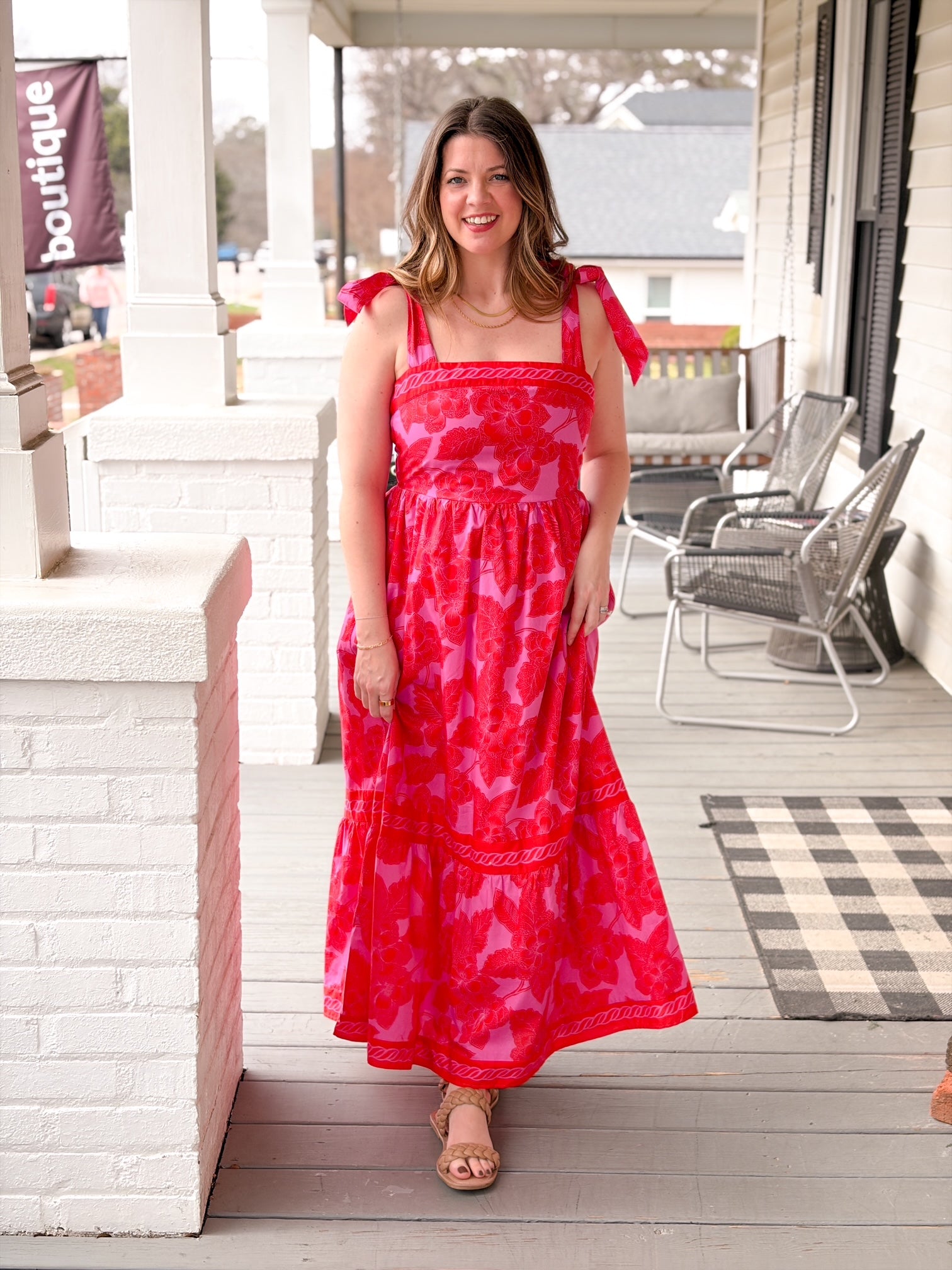 Red/Pink Floral Tiered Maxi Dress