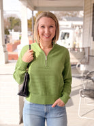 Green Open Knit Quarter Zip Sweater