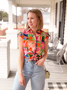 colorful abstract floral print button up top