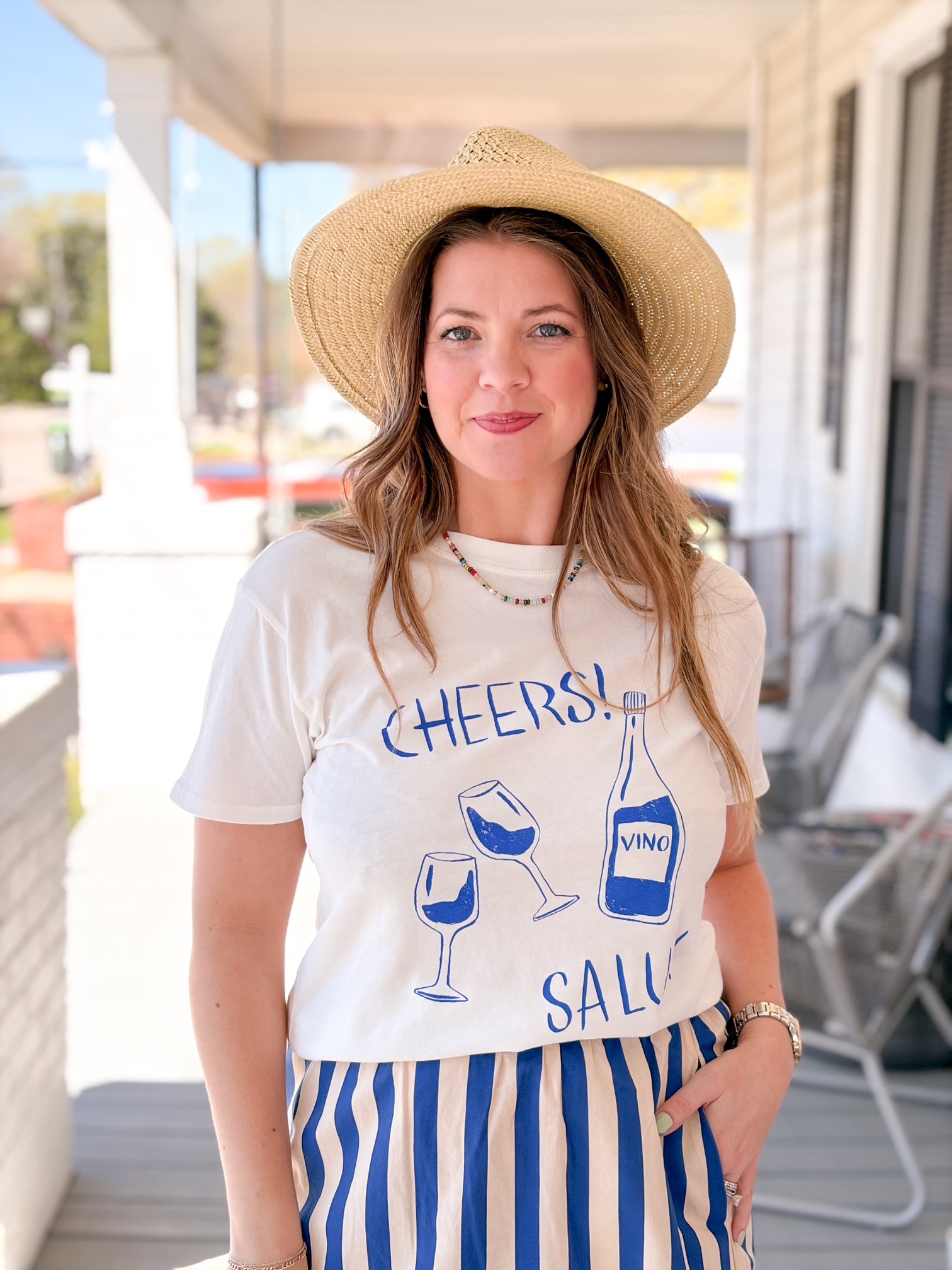 Ivory Tee with Blue Graphic Print Detailing
