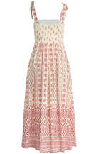 maxi length dress with floral pattern, tie straps