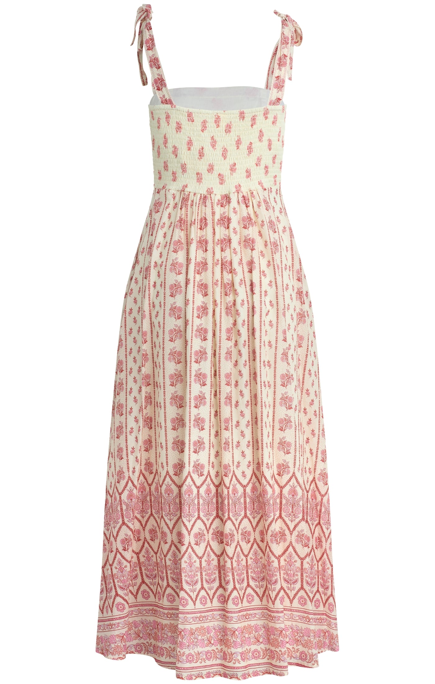 maxi length dress with floral pattern, tie straps