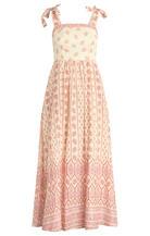 maxi length dress with floral pattern, tie straps