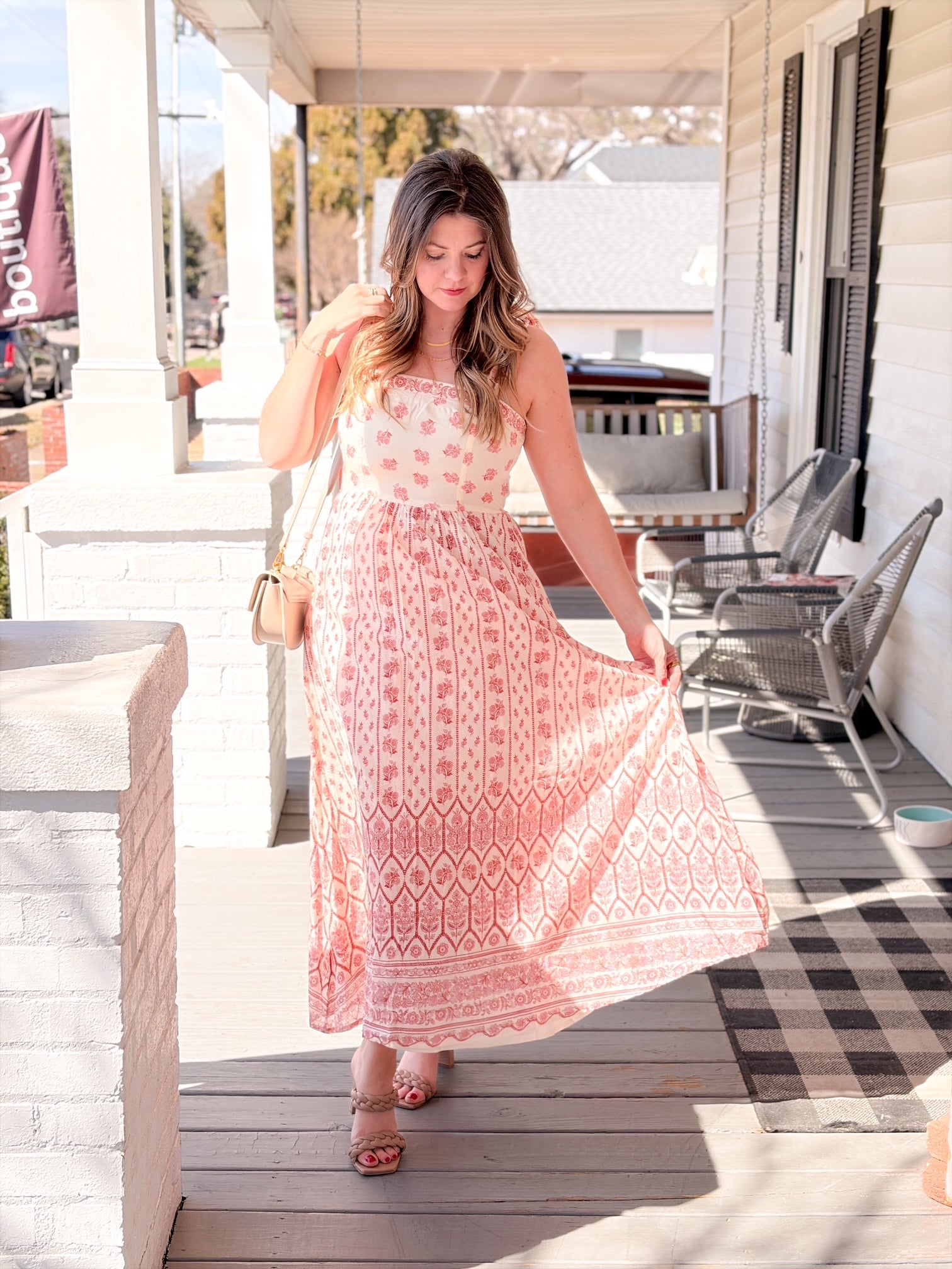 maxi length dress with floral pattern, tie straps