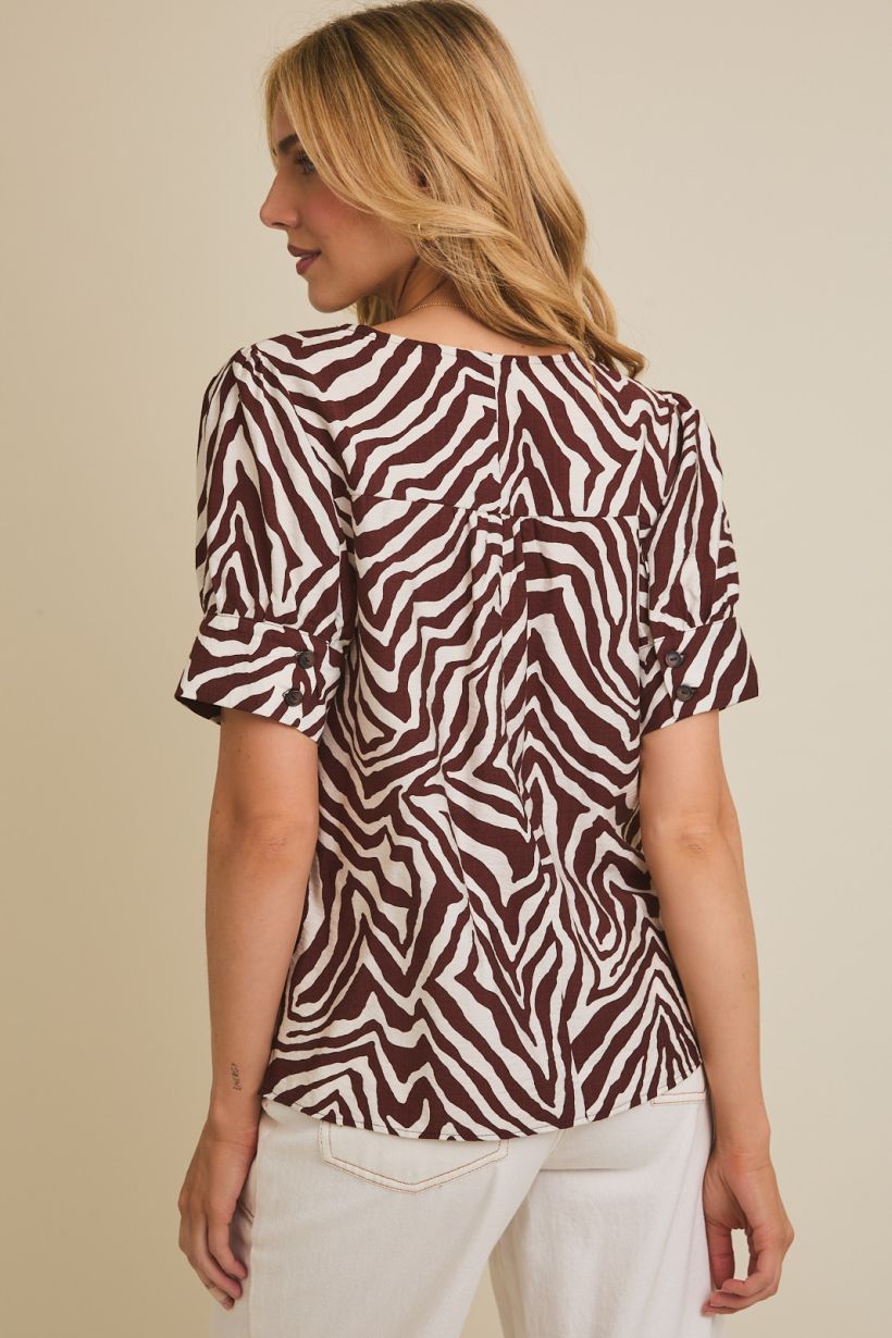 Zebra Printed Short Sleeve Work Blouse Top