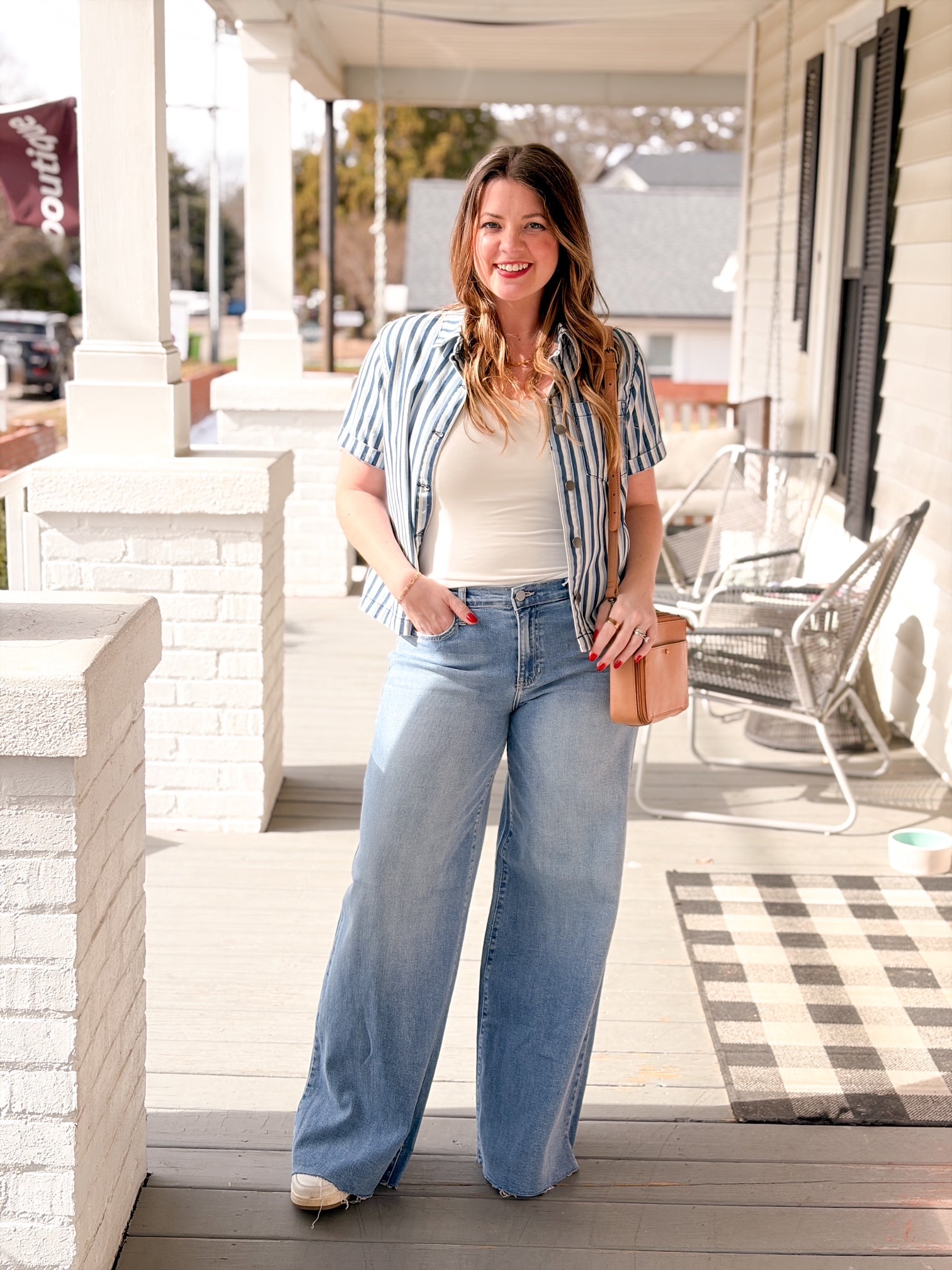 blue striped denim top, button up front