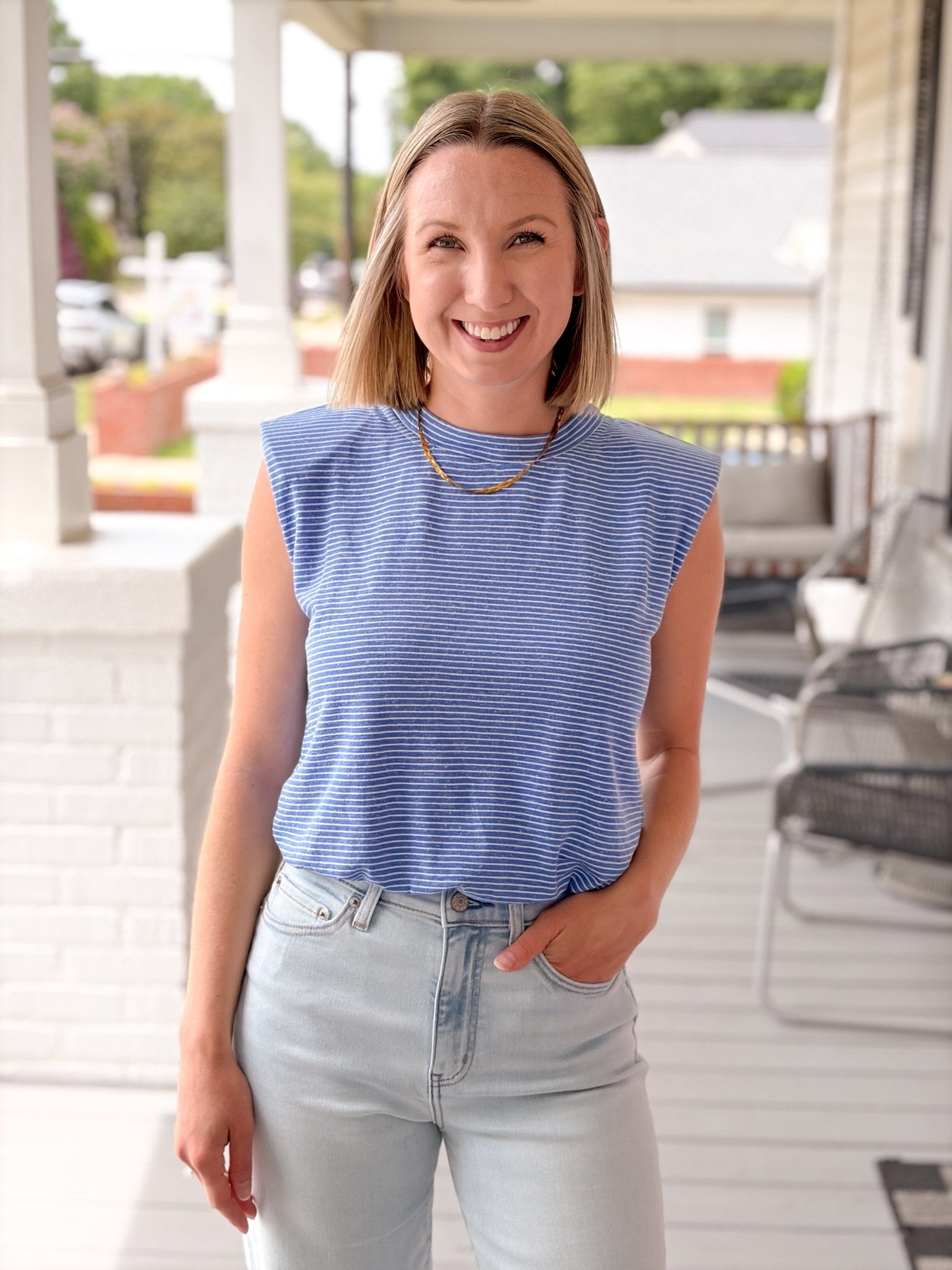 Rose & Lee Co Stephanie Top, Blue short sleeve
