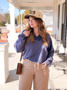 blue sweatshirt with notch v neckline