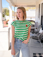 T-shirt with green striped print and tulip embroidery