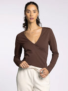Brown V-Neckline Long Sleeve Top