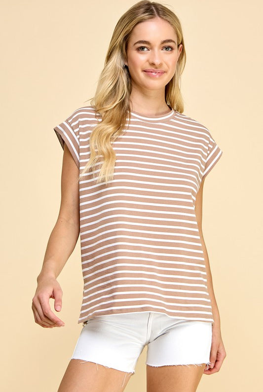 Taupe Striped Short Sleeve Top Apex Ethical Boutique