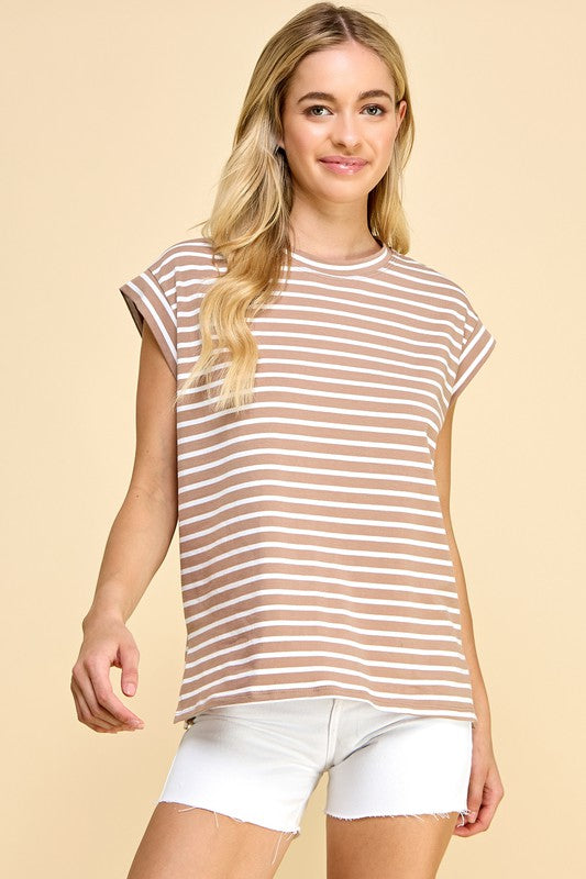 Taupe Striped Short Sleeve Top Apex Ethical Boutique