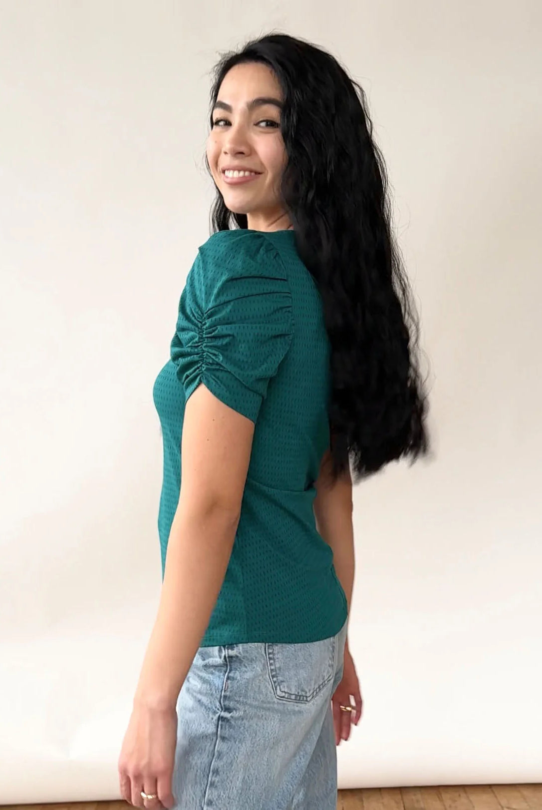Teal/Navy Puff Sleeve Top Apex Ethical Boutique