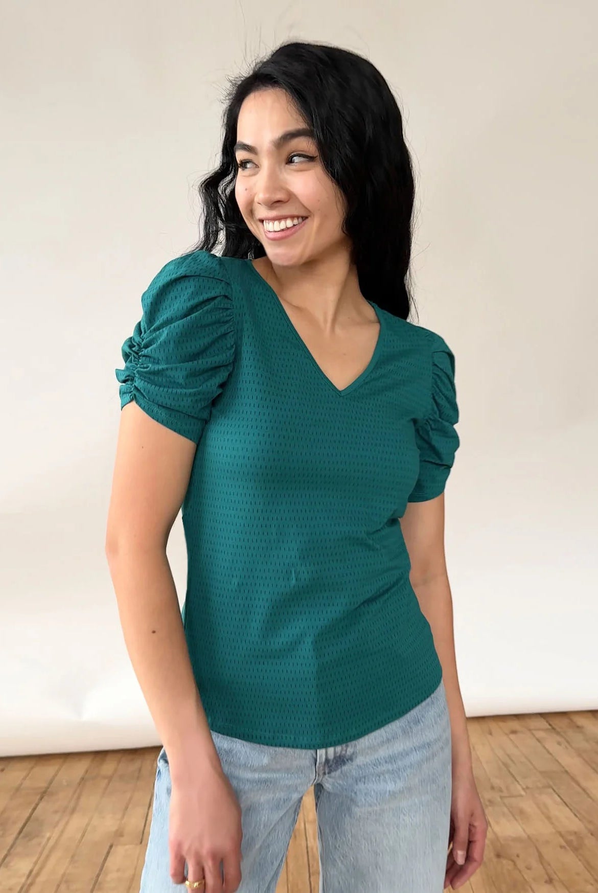 Teal/Navy Puff Sleeve Top Apex Ethical Boutique