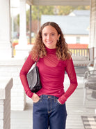 Burgundy Long Sleeve Mesh Top