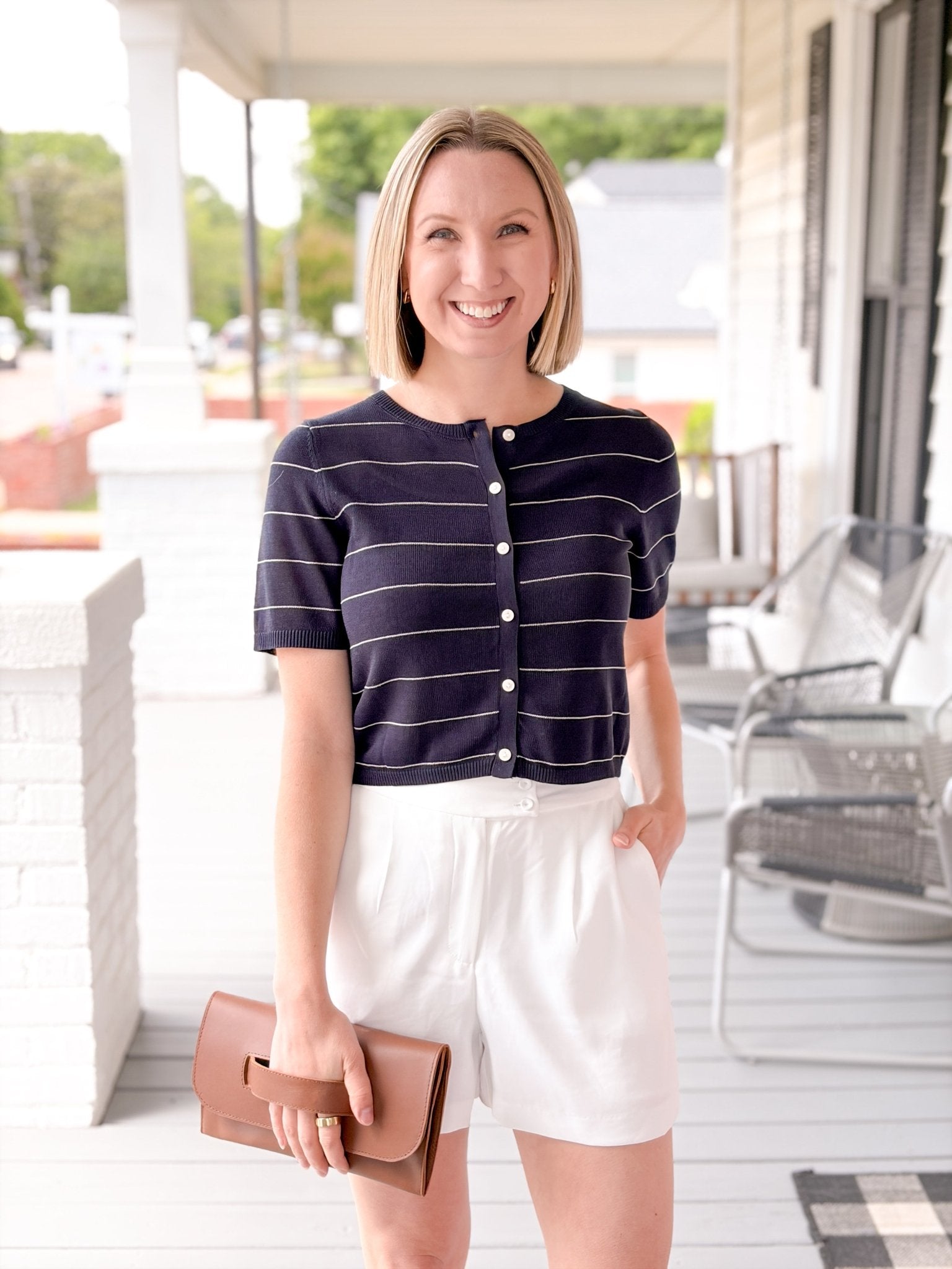 Rose & Lee Co Trace Top, Navy/Ivory Stripe short sleeve