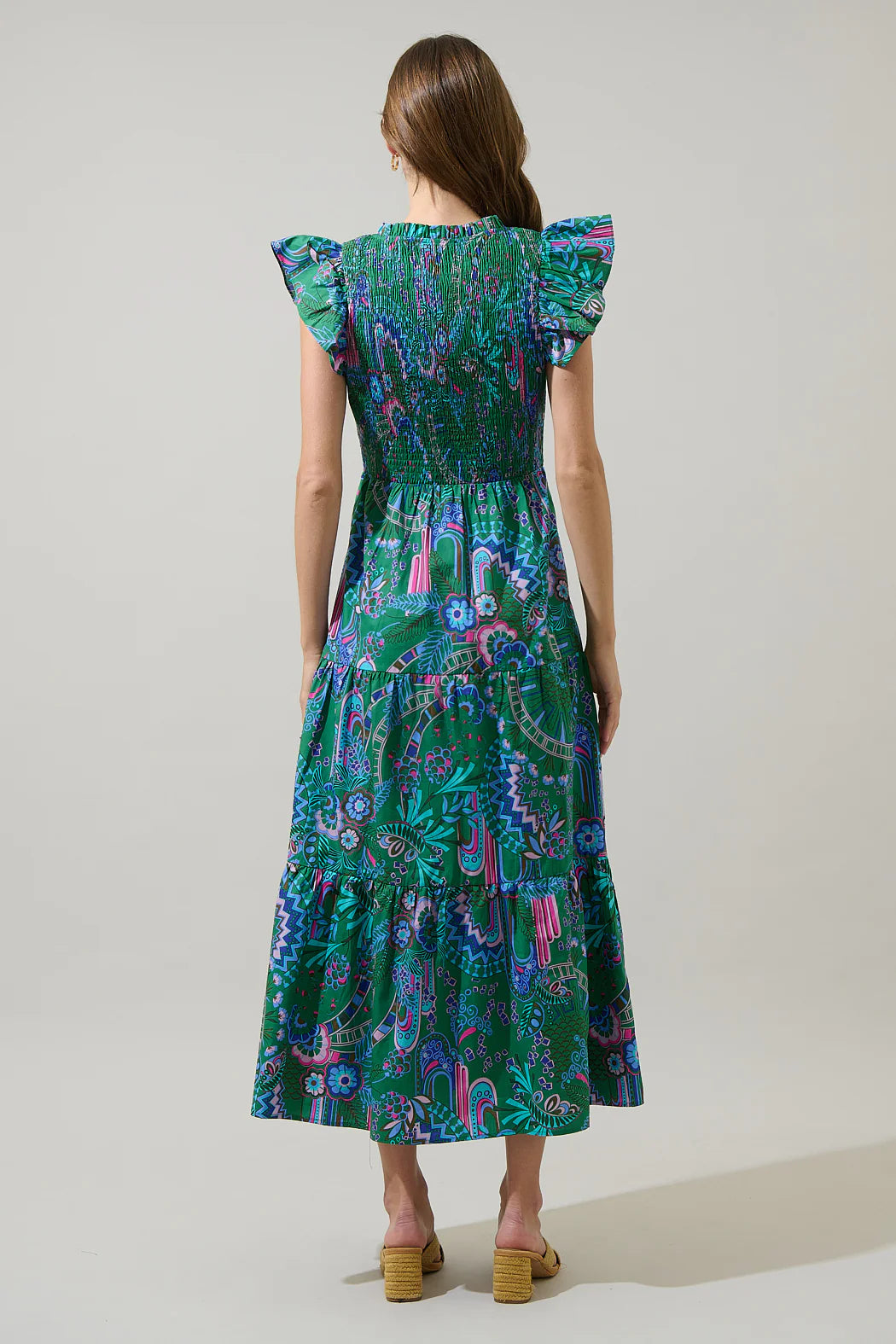 Green and Blue Multi-Colored Tiered Midi Dress