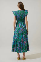 Green and Blue Multi-Colored Tiered Midi Dress