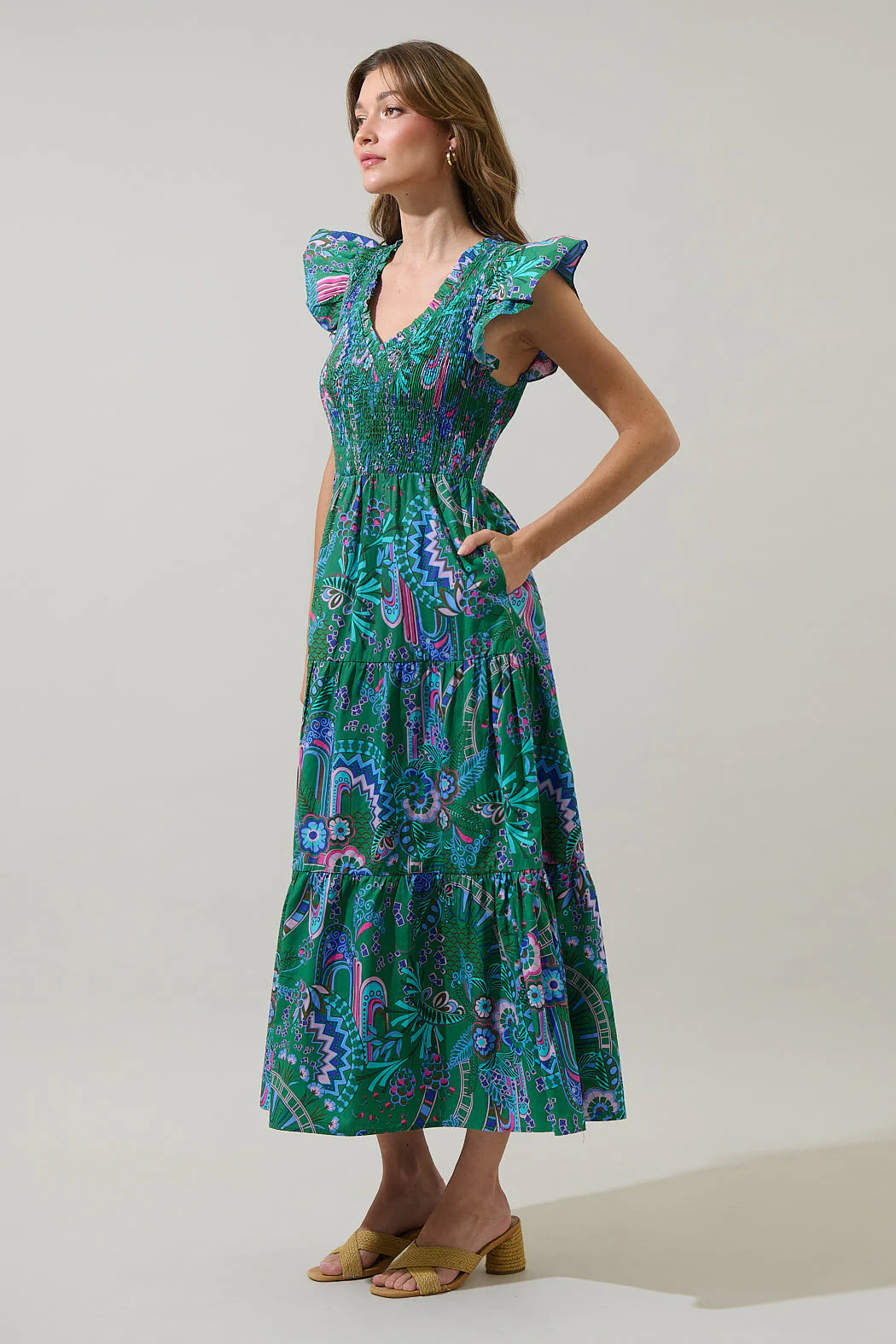 Green and Blue Multi-Colored Tiered Midi Dress