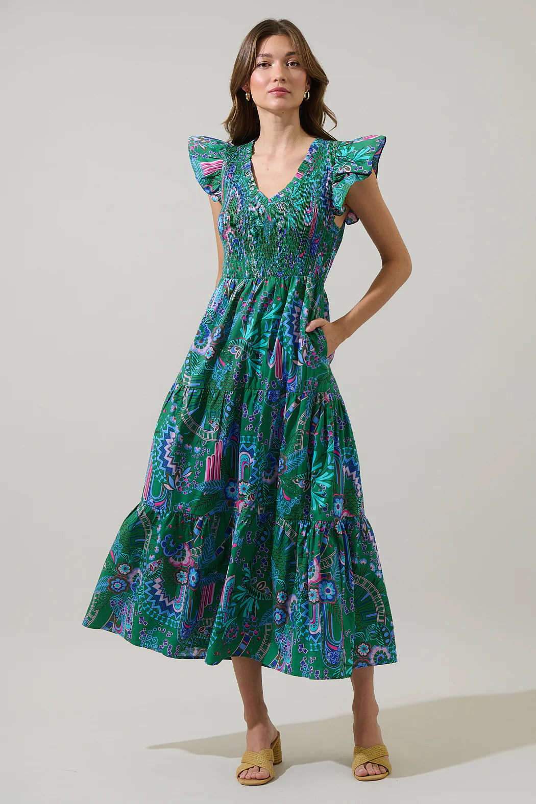 Green and Blue Multi-Colored Tiered Midi Dress