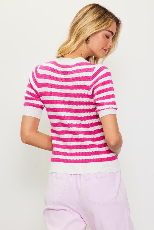 White/Pink Short Sleeve Striped Top Apex Ethical Boutique
