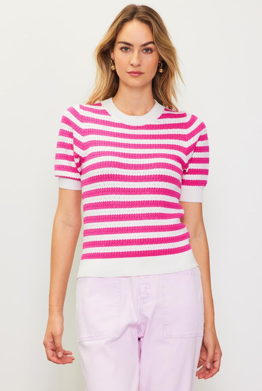 White/Pink Short Sleeve Striped Top Apex Ethical Boutique