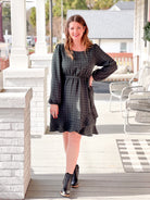Dark Green and Black Grid Pattern Long Sleeve Mini Dress