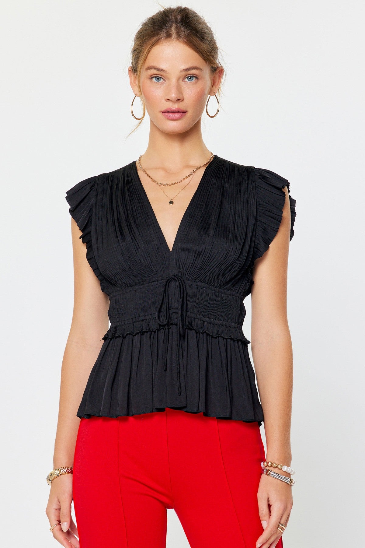 Black Ruffle Peplum Short Sleeve Top