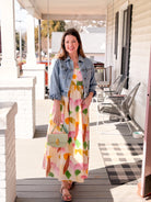 abstract pattern with bright colors floral length dress with spaghetti straps