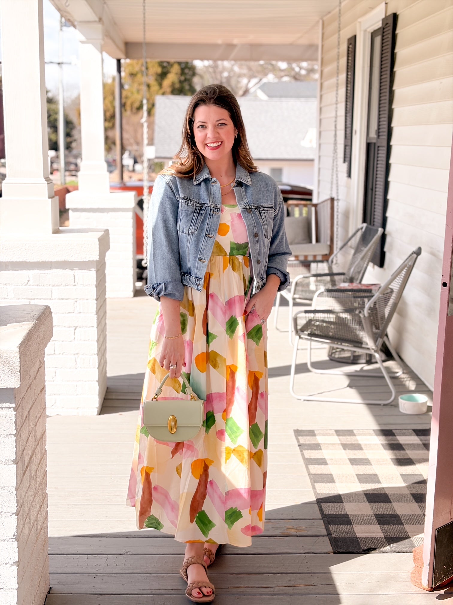 abstract pattern with bright colors floral length dress with spaghetti straps