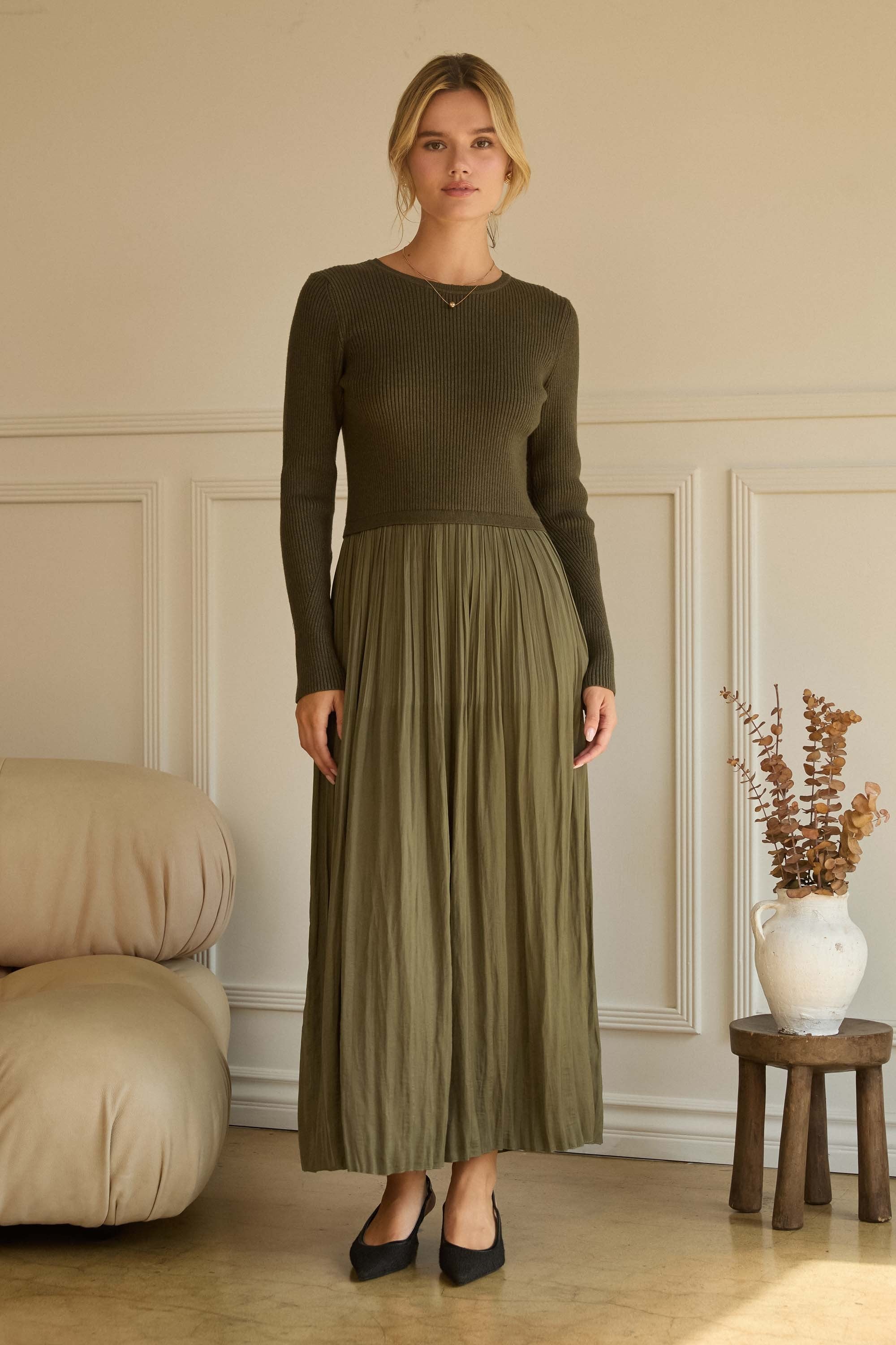 Olive Green Mixed Media Maxi Dress