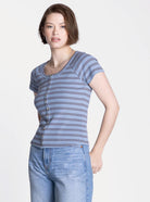 Rose & Lee Co Adina Top, Blue/Brown Stripe short sleeve