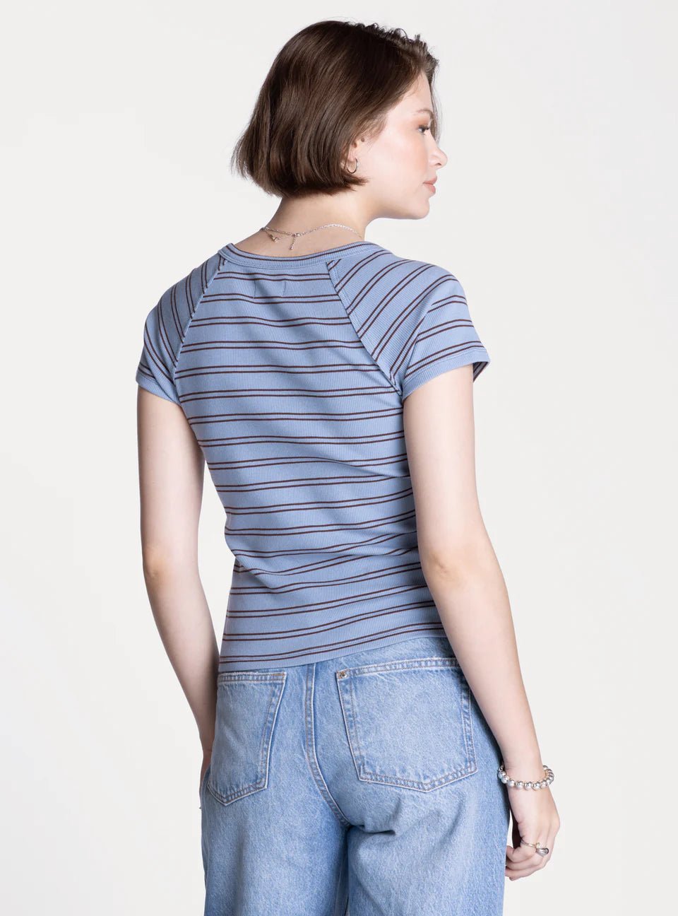 Rose & Lee Co Adina Top, Blue/Brown Stripe short sleeve