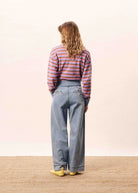 cardigan with light blue, pink, red and purple stripes