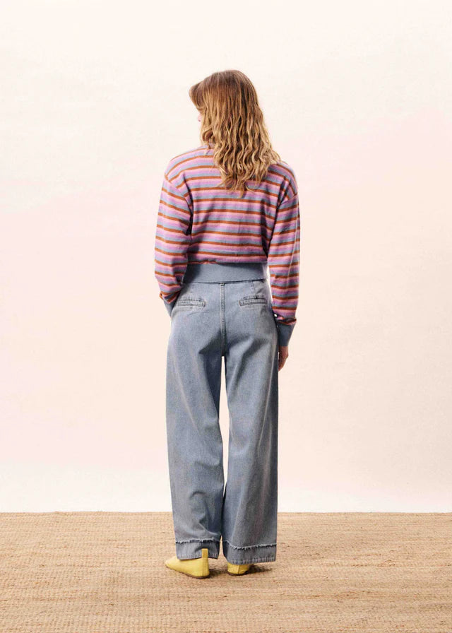 cardigan with light blue, pink, red and purple stripes