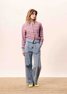 cardigan with light blue, pink, red and purple stripes