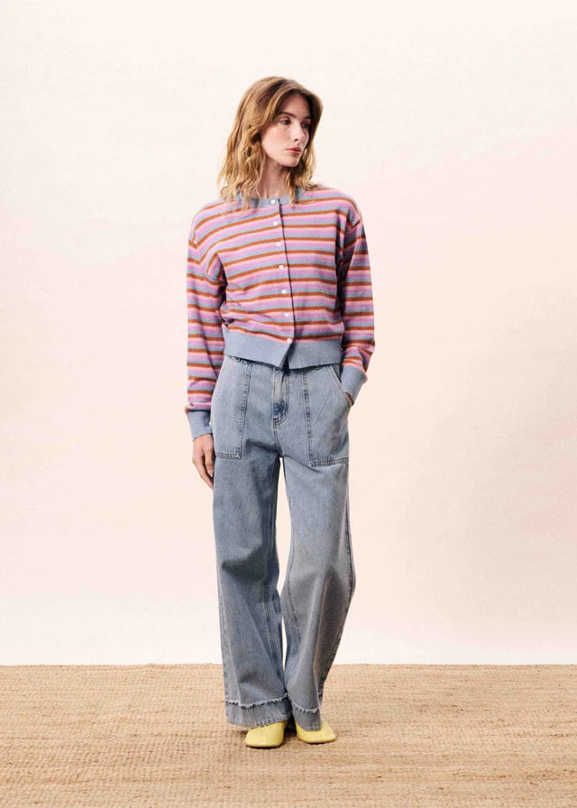 cardigan with light blue, pink, red and purple stripes