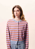 cardigan with light blue, pink, red and purple stripes