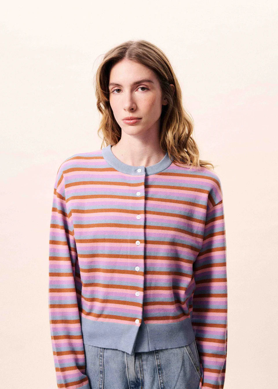 cardigan with light blue, pink, red and purple stripes