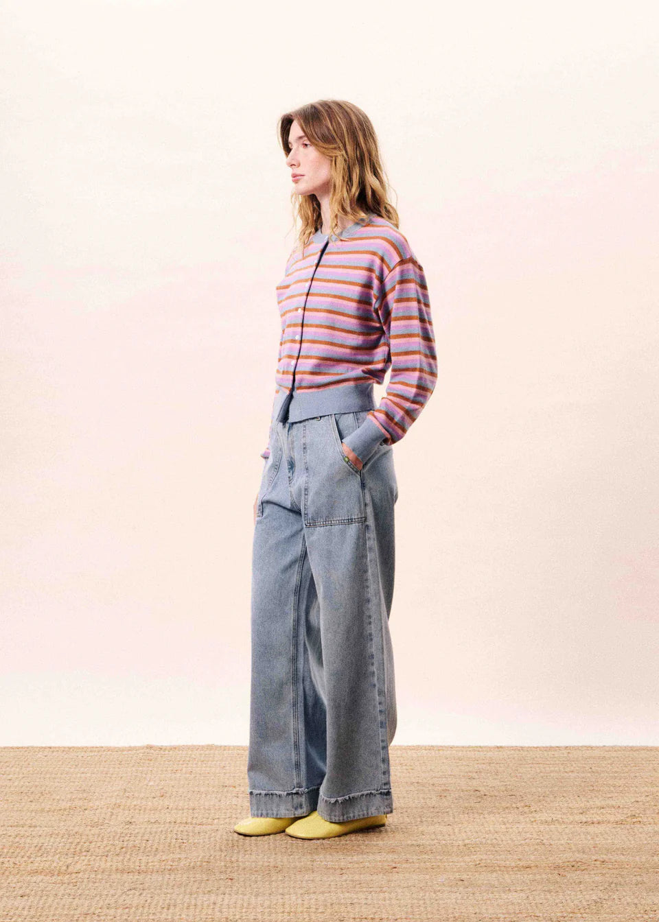 cardigan with light blue, pink, red and purple stripes