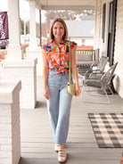 colorful abstract floral print button up top